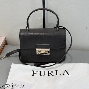 Furla gray Croc-Embossed top handle Crossbody Bag